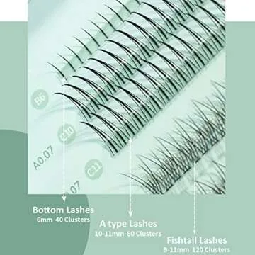 False Eyelashes Individual Lashes 240 Clusters Lashes 3 Types Natural Eyelash Extension Kit DIY 0.07mm Thickness 6-11mm Fishtail Lash ＆ A Type ＆Bottom Lashes for Make Up Salon