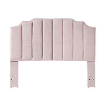 24KF Pink Velvet Upholstered Queen Size Headboard Full Size Headboard,Tufted Headboard for Queen Bed Full Bed,Modern Vertical Channel Design with Curved Tufted Queen/Full Headboard- Pink