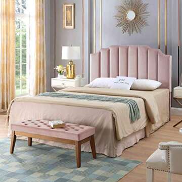 24KF Pink Velvet Upholstered Queen Size Headboard Full Size Headboard,Tufted Headboard for Queen Bed Full Bed,Modern Vertical Channel Design with Curved Tufted Queen/Full Headboard- Pink