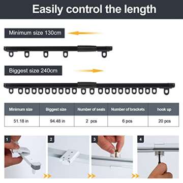 ZSTARR Retractable Ceiling Curtain Track, Measurement-Free Curtain Track 51''-94'',For Room Divider, Shower Curtain, Parallel bay window, RV Curtain Track (Black)