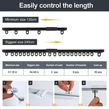 ZSTARR Retractable Ceiling Curtain Track, Measurement-Free Curtain Track 51''-94'',For Room Divider, Shower Curtain, Parallel bay window, RV Curtain Track (Black)