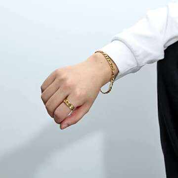 HZMAN Mens Stainless Steel 7mm Wide Band Cuban Link Chain Ring, Silver Gold Black