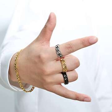 HZMAN Mens Stainless Steel 7mm Wide Band Cuban Link Chain Ring, Silver Gold Black