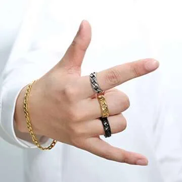 HZMAN Mens Stainless Steel 7mm Wide Band Cuban Link Chain Ring, Silver Gold Black