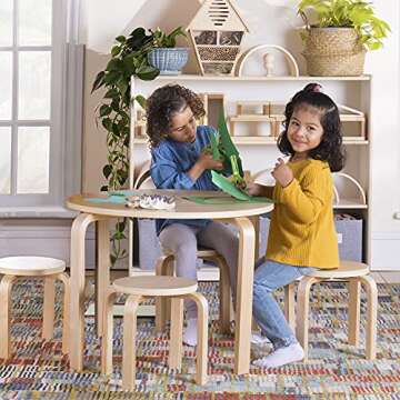 Guidecraft Nordic Table and Chairs Set for Kids: Natural - 4 Stacking Bentwood Stools with Curved Wo...