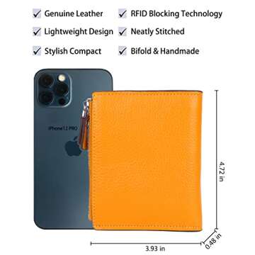 AINIMOER Women's RFID Blocking Leather Small Compact Bi-fold Zipper Pocket Wallet Card Case Purse with id Window (Lichee Yellow)