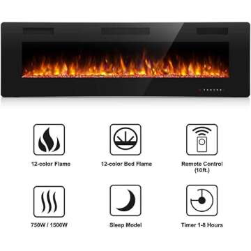 Antarctic Star 36 Inch Electric Fireplace in-Wall Recessed and Wall Mounted, Fireplace Heater and Linear Fireplace with Multicolor Flame, Timer, 750/1500W Control by Touch Panel & Remote