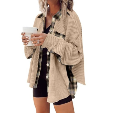 SHEWIN Womens Waffle Knit Plaid Shacket Jacket Casual Loose Batwing Long Sleeve Overiszed Button Up Shirt Fall Tops Outwears 2024 Apricot XXL
