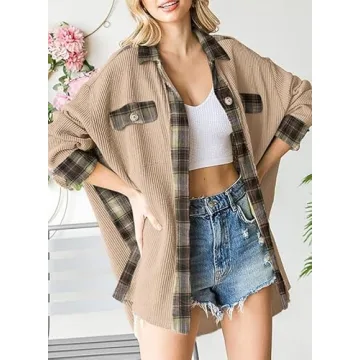 SHEWIN Womens Waffle Knit Plaid Shacket Jacket Casual Loose Batwing Long Sleeve Overiszed Button Up Shirt Fall Tops Outwears 2024 Apricot XXL