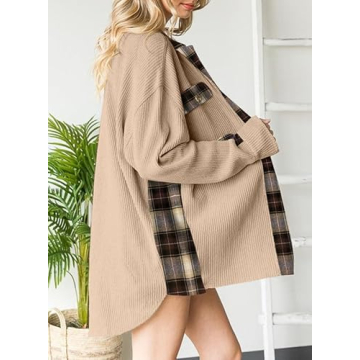 SHEWIN Womens Waffle Knit Plaid Shacket Jacket Casual Loose Batwing Long Sleeve Overiszed Button Up Shirt Fall Tops Outwears 2024 Apricot XXL