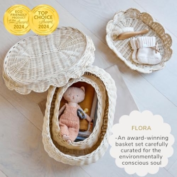 BEBE BASK Hand Woven Rattan Basket Set - 15x10x6 Inch - Small Scalloped Baskets - Round Wicker Basket - Wicker Storage Basket - Rattan Basket With Lid (Natural)