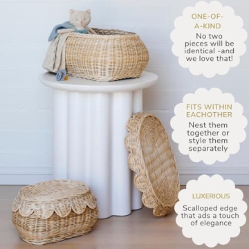 BEBE BASK Hand Woven Rattan Basket Set - 15x10x6 Inch - Small Scalloped Baskets - Round Wicker Basket - Wicker Storage Basket - Rattan Basket With Lid (Natural)