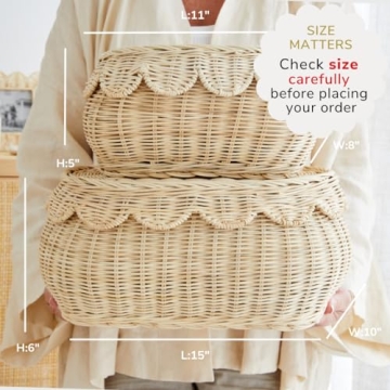 BEBE BASK Hand Woven Rattan Basket Set - 15x10x6 Inch - Small Scalloped Baskets - Round Wicker Basket - Wicker Storage Basket - Rattan Basket With Lid (Natural)