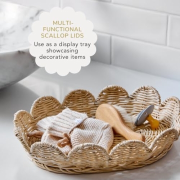 BEBE BASK Hand Woven Rattan Basket Set - 15x10x6 Inch - Small Scalloped Baskets - Round Wicker Basket - Wicker Storage Basket - Rattan Basket With Lid (Natural)