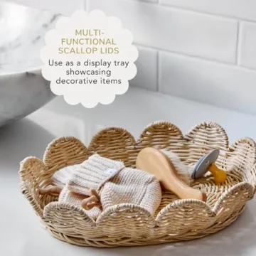 BEBE BASK Hand Woven Rattan Basket Set - 15x10x6 Inch - Small Scalloped Baskets - Round Wicker Basket - Wicker Storage Basket - Rattan Basket With Lid (Natural)