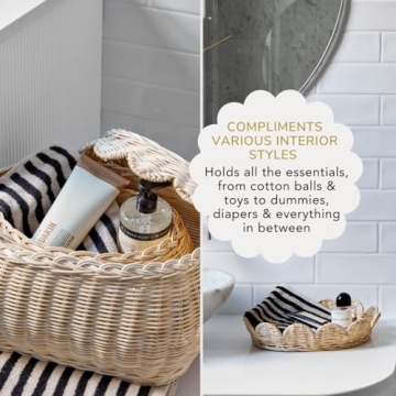 BEBE BASK Hand Woven Rattan Basket Set - 15x10x6 Inch - Small Scalloped Baskets - Round Wicker Basket - Wicker Storage Basket - Rattan Basket With Lid (Natural)