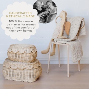 BEBE BASK Hand Woven Rattan Basket Set - 15x10x6 Inch - Small Scalloped Baskets - Round Wicker Basket - Wicker Storage Basket - Rattan Basket With Lid (Natural)