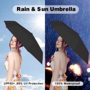 ESUFEIR Mini Travel Sun Umbrella for Purse With Case,Small Compact UV Umbrella Protection Sun,Lightweight Portable Parasol Umbrella Windproof for Women Men Kids (Black)