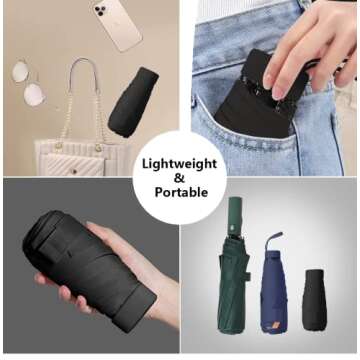 ESUFEIR Mini Travel Sun Umbrella for Purse With Case,Small Compact UV Umbrella Protection Sun,Lightweight Portable Parasol Umbrella Windproof for Women Men Kids (Black)