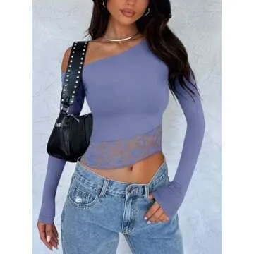 REORIA Womens Double Lined Long Sleeve Lace Tops Off The Shoulder Crop Tops Regular Fitted Shirts Cu...