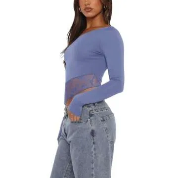 REORIA Womens Double Lined Long Sleeve Lace Tops Off The Shoulder Crop Tops Regular Fitted Shirts Cute Trendy Y2k Tops Blue Nova Small