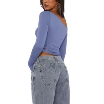 REORIA Womens Double Lined Long Sleeve Lace Tops Off The Shoulder Crop Tops Regular Fitted Shirts Cute Trendy Y2k Tops Blue Nova Small