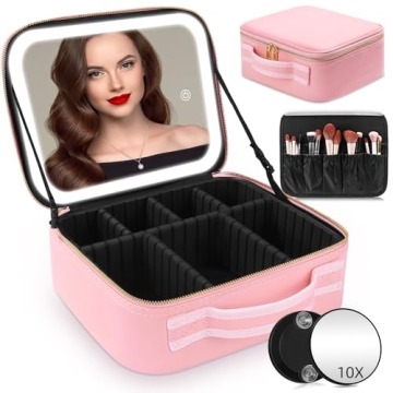 RRtide Makeup Bag with LED Lighted Mirror, Travel Case & Organizer with Adjustable Divider and Brush...