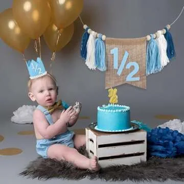 1/2 Birthday Boy Half Birthday Decorations High Chair Banner, 6 Month Girl Tassel Wood Bead Highchair Garland Blue