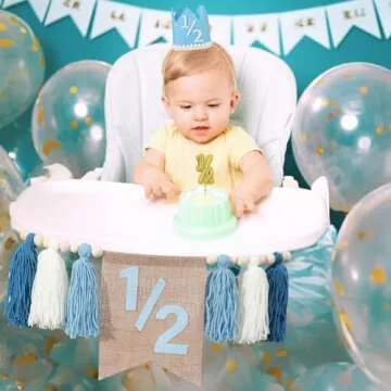 1/2 Birthday Boy Half Birthday Decorations High Chair Banner, 6 Month Girl Tassel Wood Bead Highchair Garland Blue