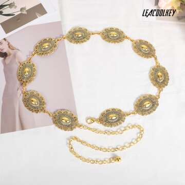LEACOOLKEY Western Metal Concho Belt for Women Cowgirl Boho Waist Chain Belt for Dresses Jeans Pants, Gold