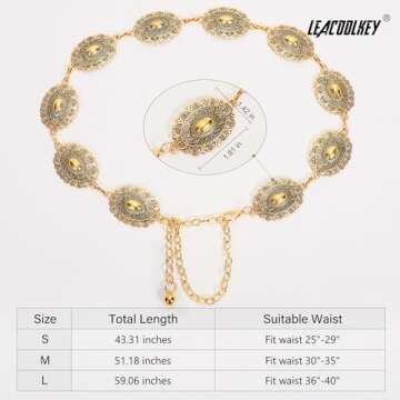 LEACOOLKEY Western Metal Concho Belt for Women Cowgirl Boho Waist Chain Belt for Dresses Jeans Pants, Gold
