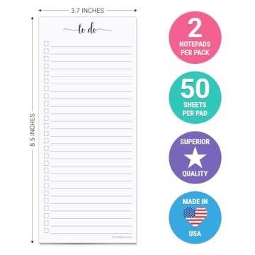 321Done 2-Pack Skinny To Do List Notepad, Made in USA - 3.7x8.5, College Ruled, Simple Stylish To-Do...