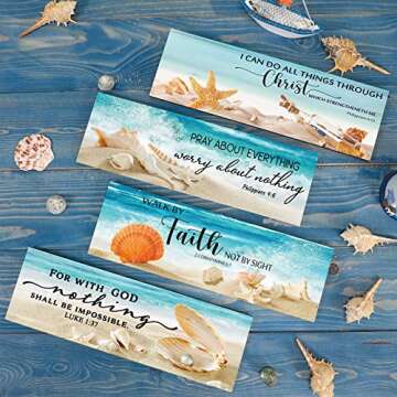 Maitys 4 Pcs Bible Verses Religious Wall Decor Beach Theme Inspirational Wood Wall Art Rustic Christian Decor Coastal Seashell Sign Farmhouse Wooden Hanging Wall Decor, 4 Styles (11 x 3.5 x 0.2 Inch)