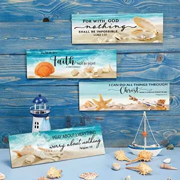 Maitys 4 Pcs Bible Verses Religious Wall Decor Beach Theme Inspirational Wood Wall Art Rustic Christian Decor Coastal Seashell Sign Farmhouse Wooden Hanging Wall Decor, 4 Styles (11 x 3.5 x 0.2 Inch)