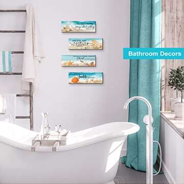 Maitys 4 Pcs Bible Verses Religious Wall Decor Beach Theme Inspirational Wood Wall Art Rustic Christian Decor Coastal Seashell Sign Farmhouse Wooden Hanging Wall Decor, 4 Styles (11 x 3.5 x 0.2 Inch)