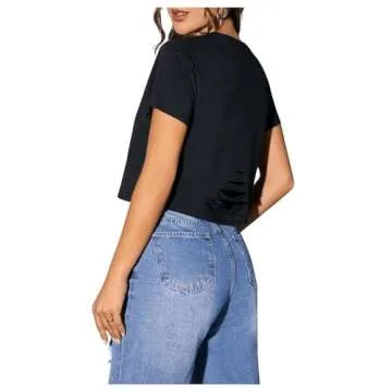 SweatyRocks Women's Summer Short Sleeve Tee Distressed Ripped Crop T-shirt Tops Black S