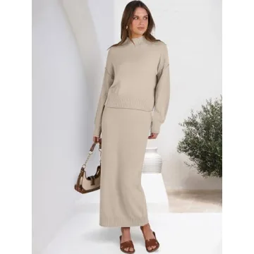 Caracilia Women's 2 Piece Outfits Sweater Skirt Sets Long Sleeve Oversized Tops Matching Maxi Skirts 2024 Knit Fall Dress Khaki X-Large