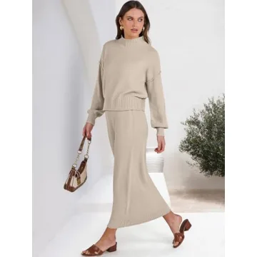 Caracilia Women's 2 Piece Outfits Sweater Skirt Sets Long Sleeve Oversized Tops Matching Maxi Skirts 2024 Knit Fall Dress Khaki X-Large