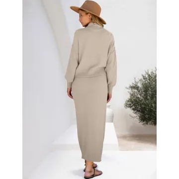 Caracilia Women's 2 Piece Outfits Sweater Skirt Sets Long Sleeve Oversized Tops Matching Maxi Skirts 2024 Knit Fall Dress Khaki X-Large
