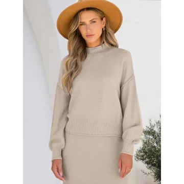 Caracilia Women's 2 Piece Outfits Sweater Skirt Sets Long Sleeve Oversized Tops Matching Maxi Skirts 2024 Knit Fall Dress Khaki X-Large