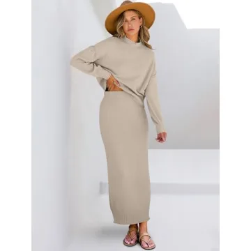 Caracilia Women's 2 Piece Outfits Sweater Skirt Sets Long Sleeve Oversized Tops Matching Maxi Skirts 2024 Knit Fall Dress Khaki X-Large
