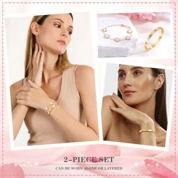 Womens Stackable Gold Bracelets Jewelry - 18K Gold Plated Floral Bracelet,Bangles Non Tarnish, Gold ...