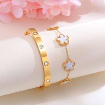 Womens Stackable Gold Bracelets Jewelry - 18K Gold Plated Floral Bracelet,Bangles Non Tarnish, Gold Cubic Zirconia Bracelet Set Trendy Gift,Christmas Valentines Birthday Gifts for Girlfriend