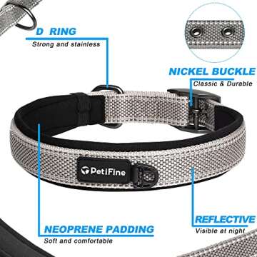 PetiFine Neoprene Padded Dog Collar, Heavy Duty Comfort Dog Collar with Durable Metal Buckle, Reflective Adjustable Belt Buckle Dog Collars for Small Medium Large Dogs(14.5''-19'', Grey)