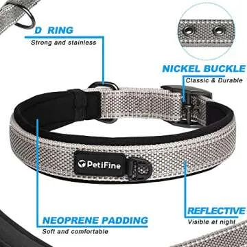 PetiFine Neoprene Padded Dog Collar, Heavy Duty Comfort Dog Collar with Durable Metal Buckle, Reflective Adjustable Belt Buckle Dog Collars for Small Medium Large Dogs(14.5''-19'', Grey)