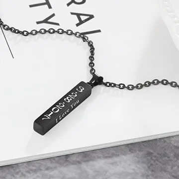 Love Jewelry Personalized Couple Stainless Steel Necklace Engraved Initial Name Vertical Bar Necklace Birthday Gift (Black)