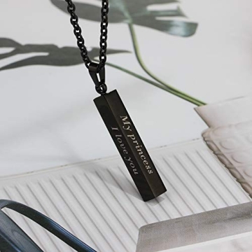 Love Jewelry Personalized Couple Stainless Steel Necklace Engraved Initial Name Vertical Bar Necklace Birthday Gift (Black)