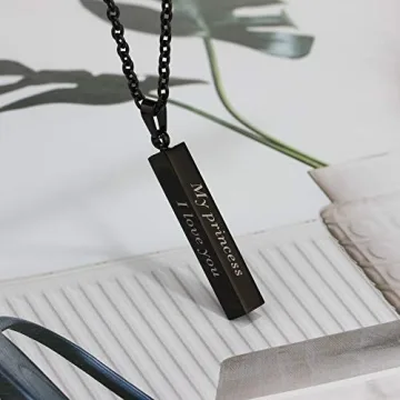 Love Jewelry Personalized Couple Stainless Steel Necklace Engraved Initial Name Vertical Bar Necklace Birthday Gift (Black)