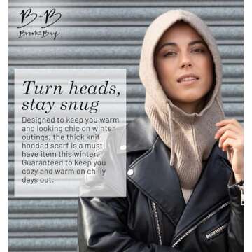 Brook + Bay Knitted Hooded Scarf w/Drawstrings - Knit Balaclava Hood Scarf for Women Winter - Stylish Hooded Hat, Neck Warmer