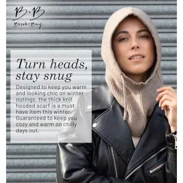 Brook + Bay Knitted Hooded Scarf w/Drawstrings - Knit Balaclava Hood Scarf for Women Winter - Stylish Hooded Hat, Neck Warmer